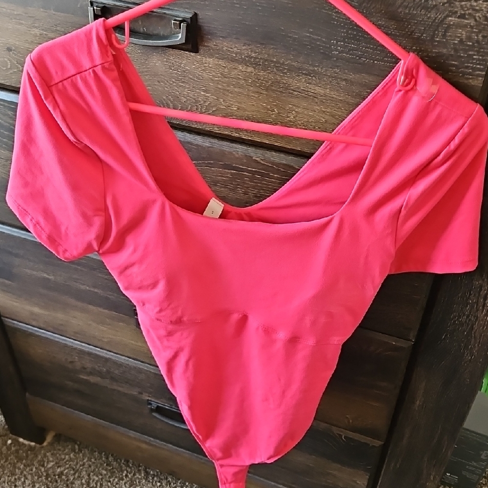 Bright Pink Bodysuit SIZE small.  Shelf Bra With Pads.  Short Sleeve.